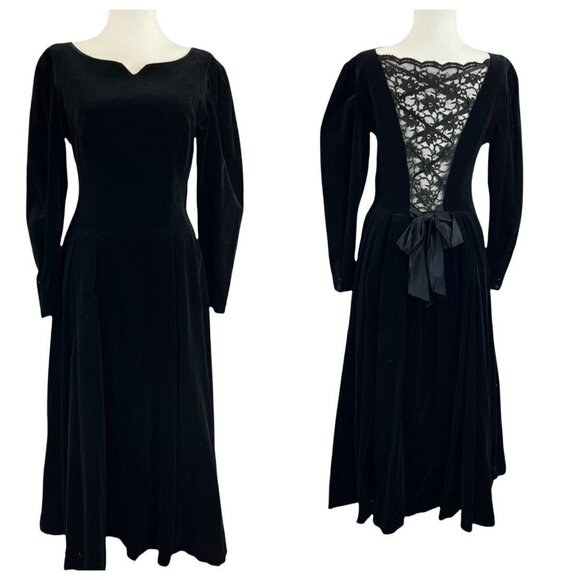Vintage Laura Ashley Black Velvet Dress Ball Gown Prom US Size 10 Puffer UK - Picture 1 of 8